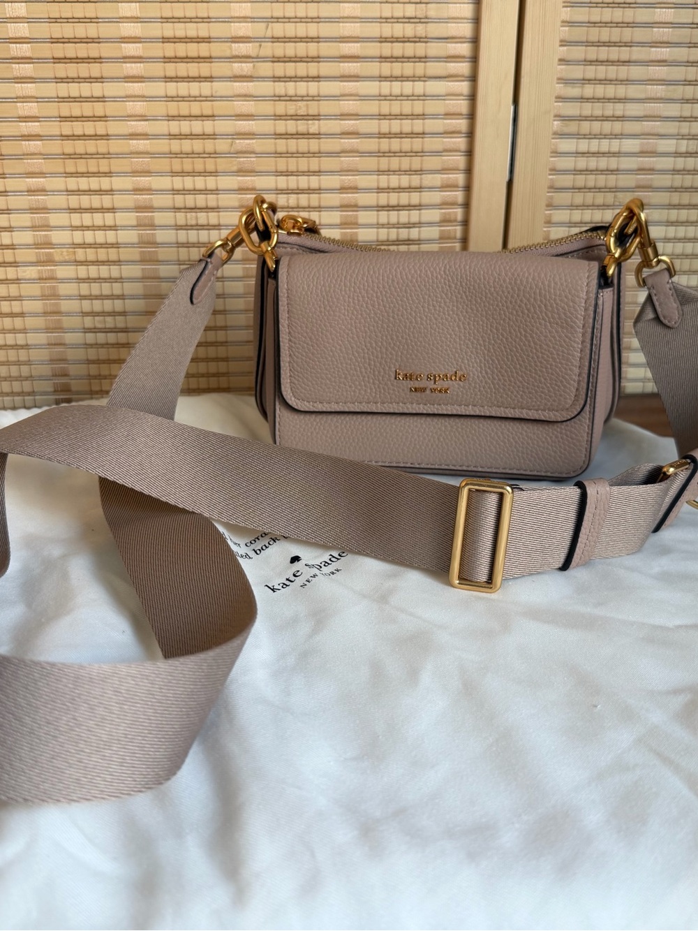 Kate Spade “Double Up” beige mini crossbody bag with fabric strap